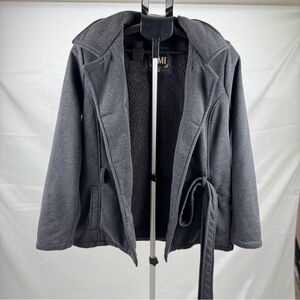 YMI Sherpa Lined Hooded Jacket Grey Tie Waist Cozy Fleece Lined Coat Women’s